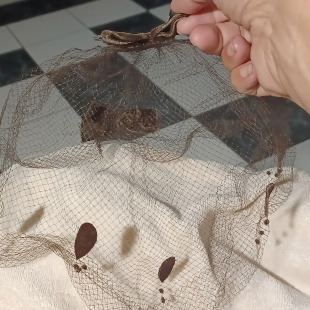 Vintage Set of 2 Net Veils, dark brown velvet bows and tear drops, tan velvet